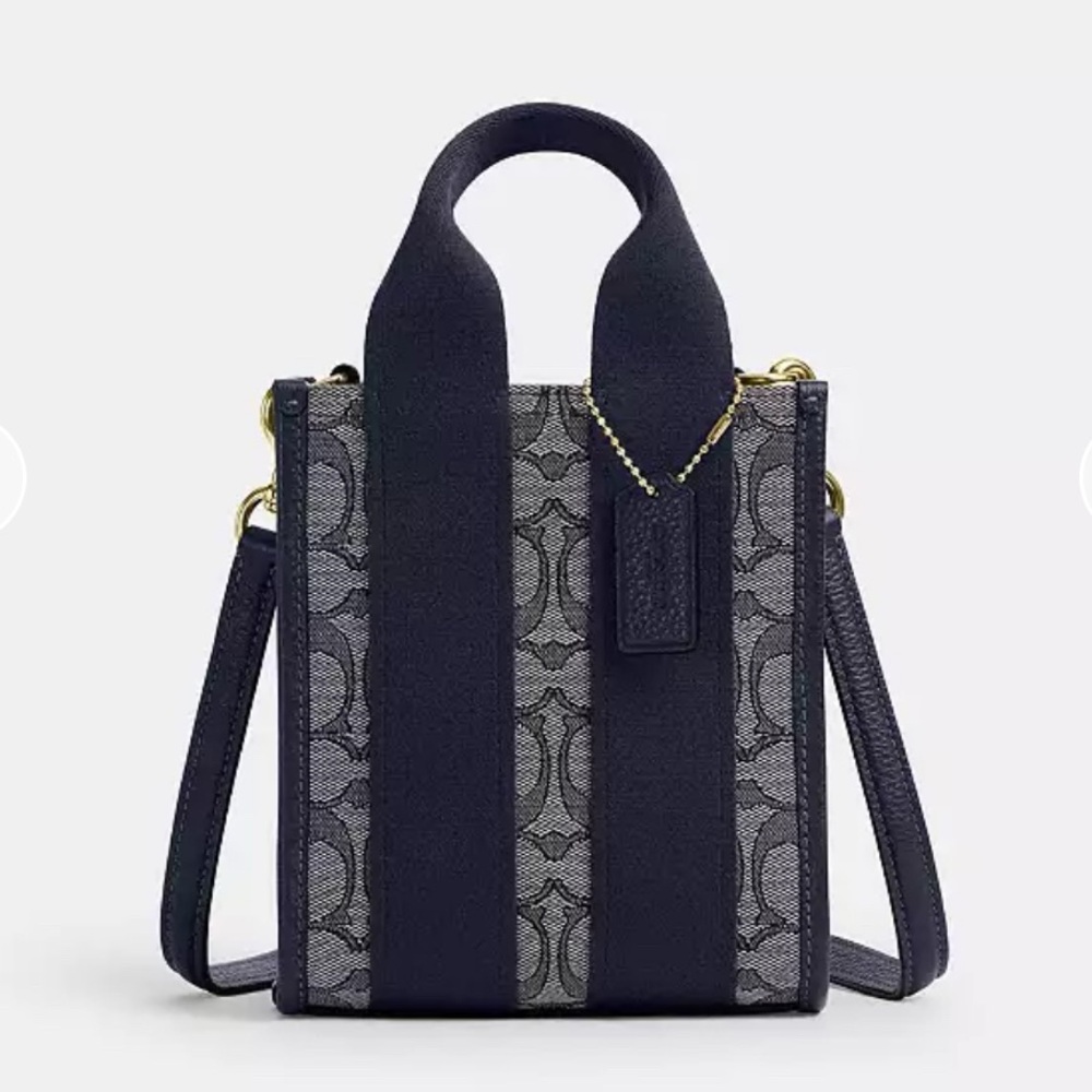 Coach NWT Smith Mini Tote Bag In Signature Jacquard. Navy & Gold.